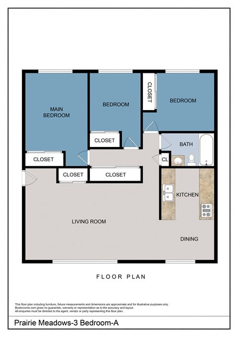 Floor plan for 3 beds, 1 bath, 869 sqft